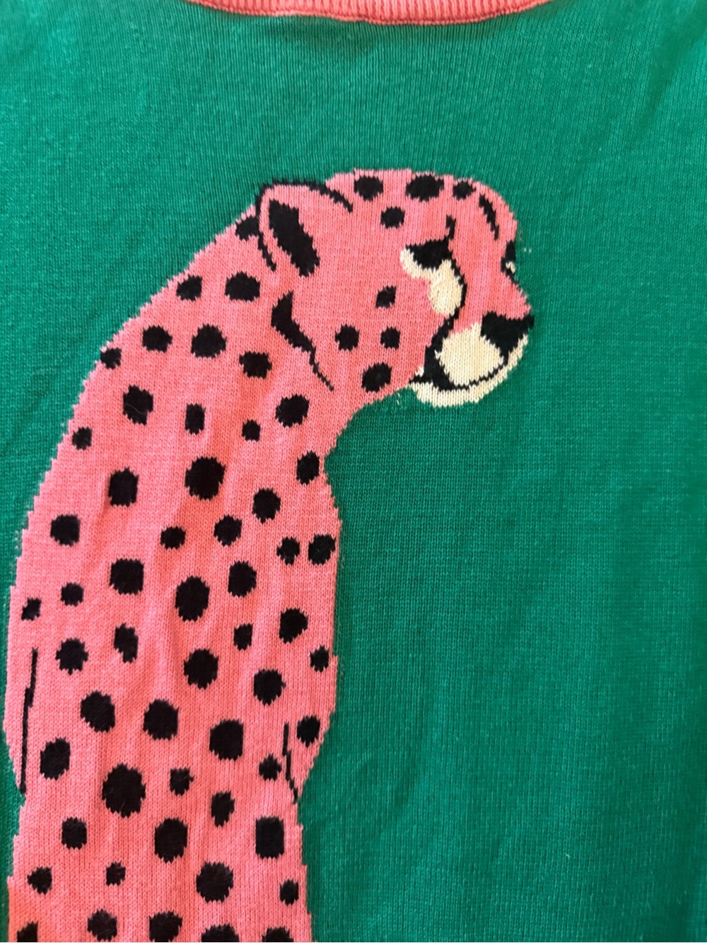 OXKNIT 100% Cotton Green Crewneck Sweater with Pink Leopard Motif - Picture 2 of 8